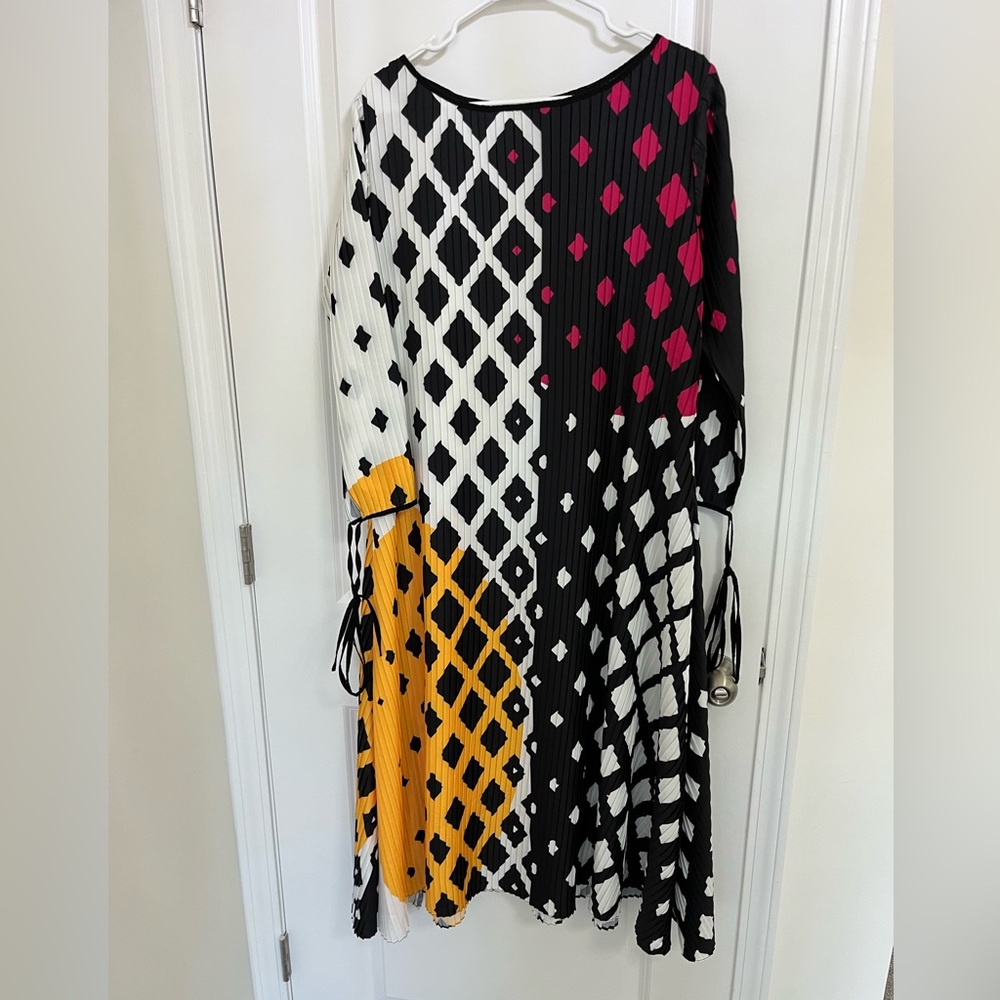 Printed Geo-Block Long Sleeve Dress in Black, White, Magenta & Mustard